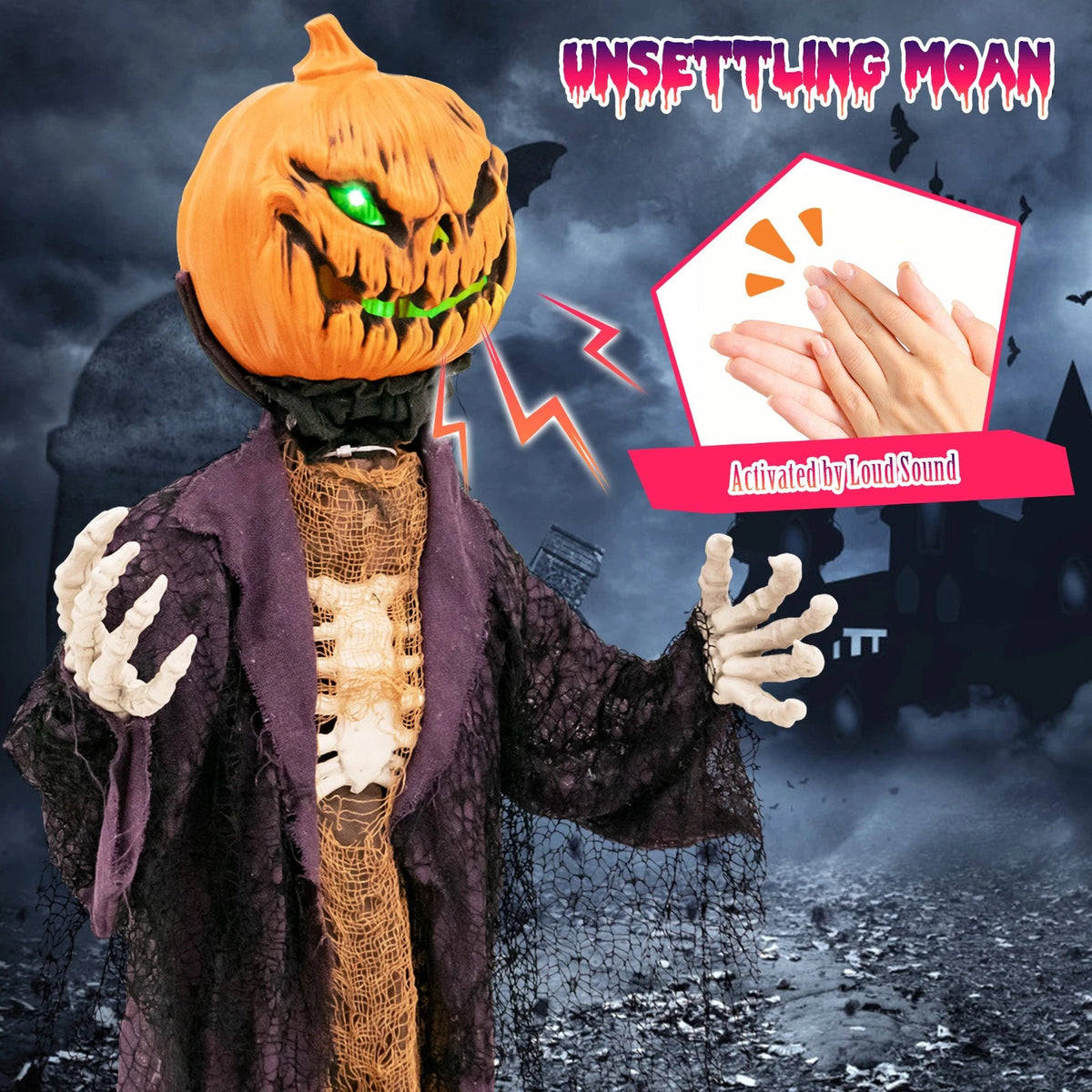 5.6FT Animated Pumpkin Scarecrow with Green LED Eyes and Spooky Sounds