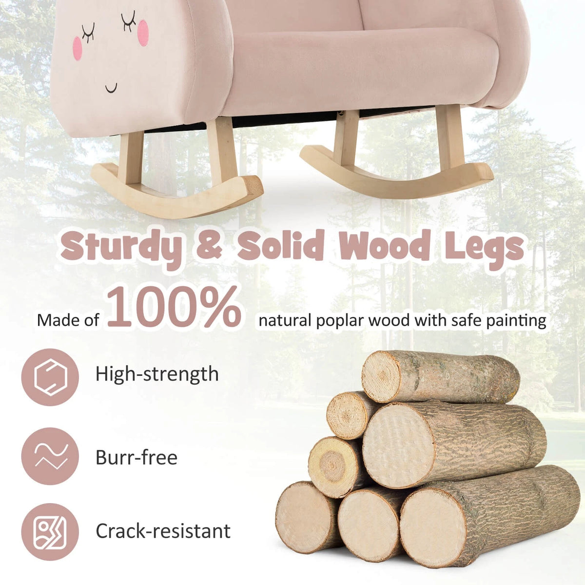 Toddler Rocking Chair with Wood Base and Armrests Pink Velvet