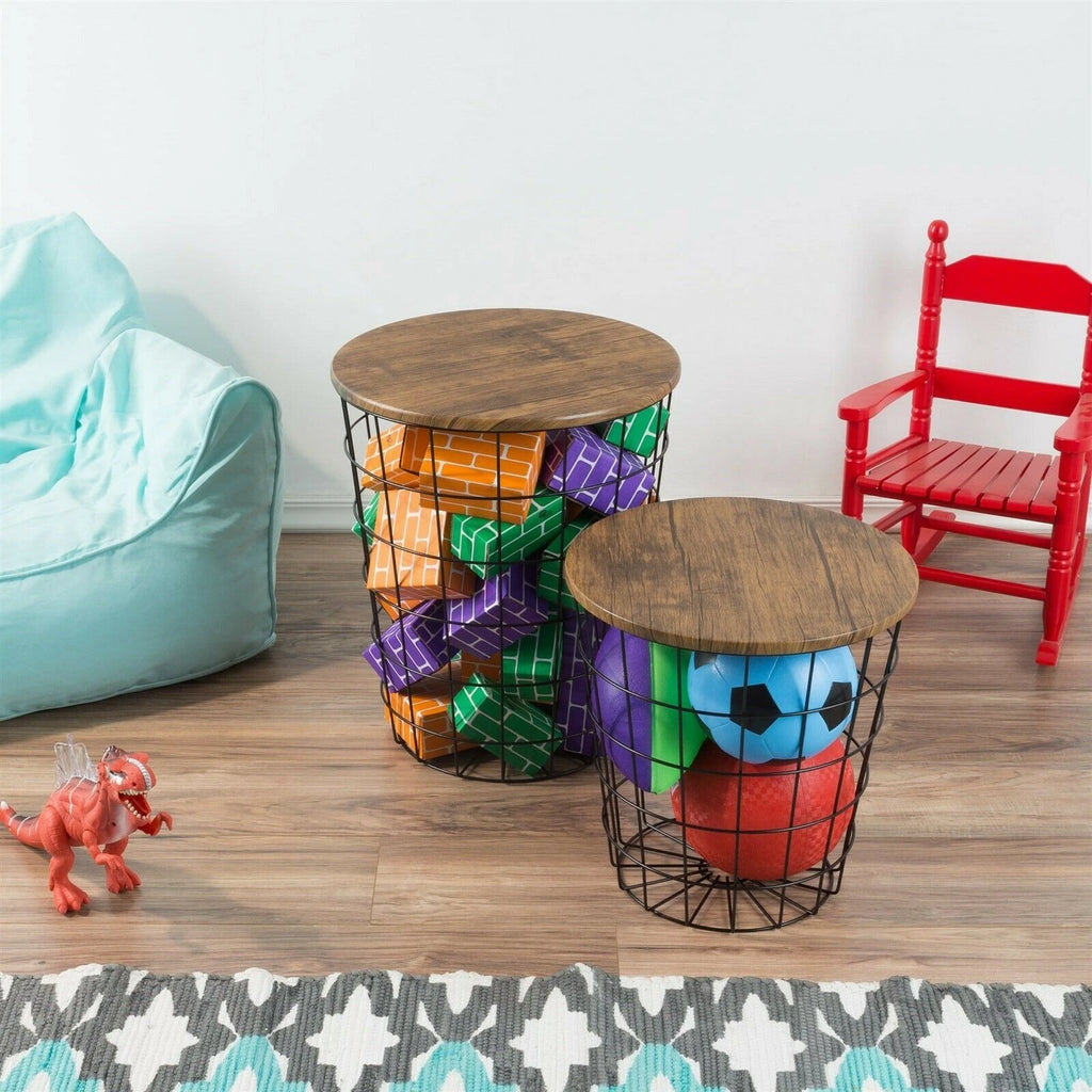 Modern 2-Piece Nesting End Tables with Hidden Storage Baskets for Living Room