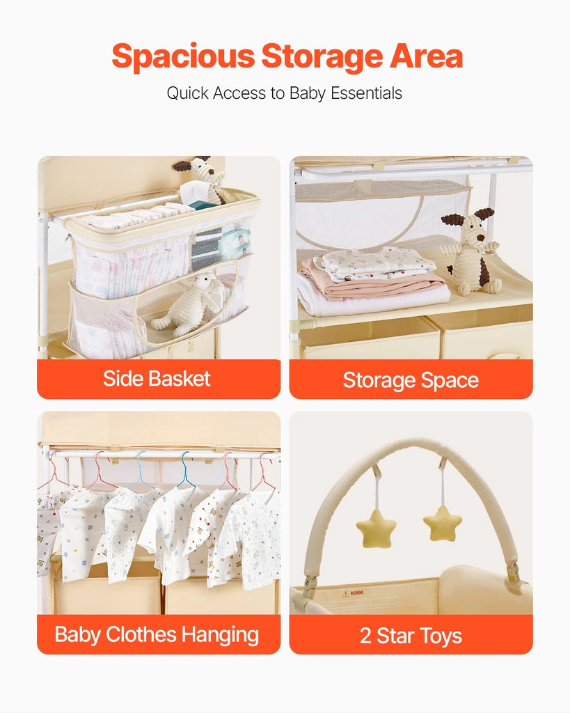 Beige Foldable Baby Changing Table with Basket, Drawers & Toys