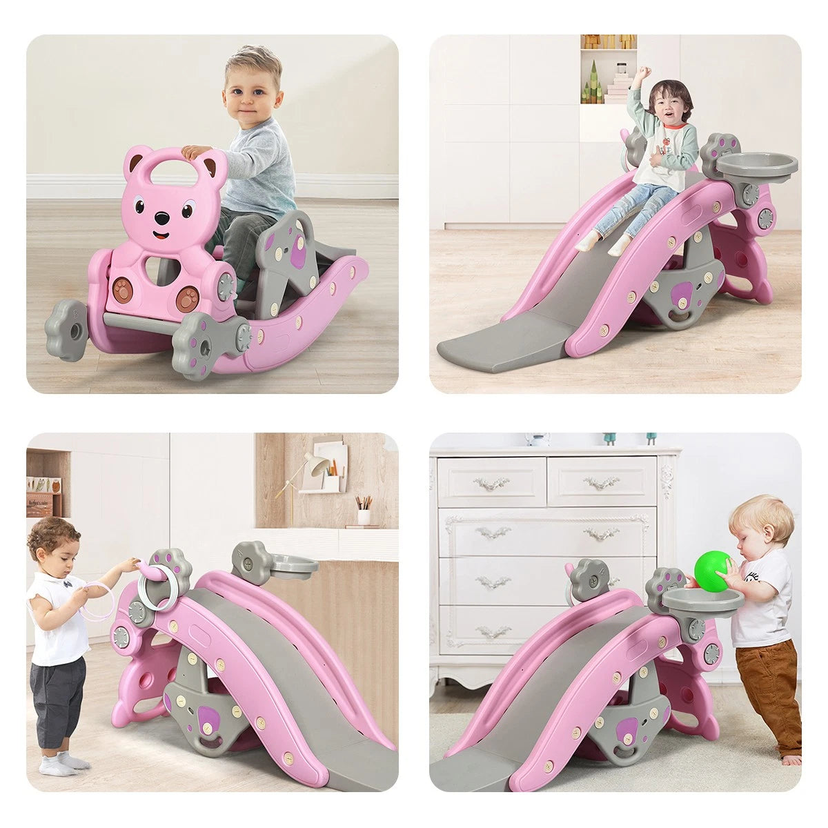4-in-1 Toddler Rocking Horse Slide Set with Hoop & Ring Toss Pink