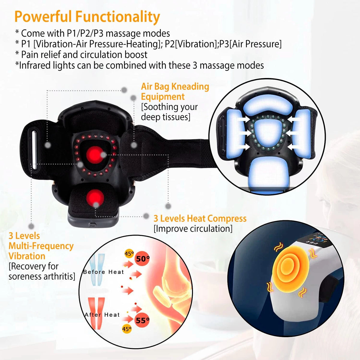 Knee Massager Infrared Heat Vibration Compression Brace Rechargeable