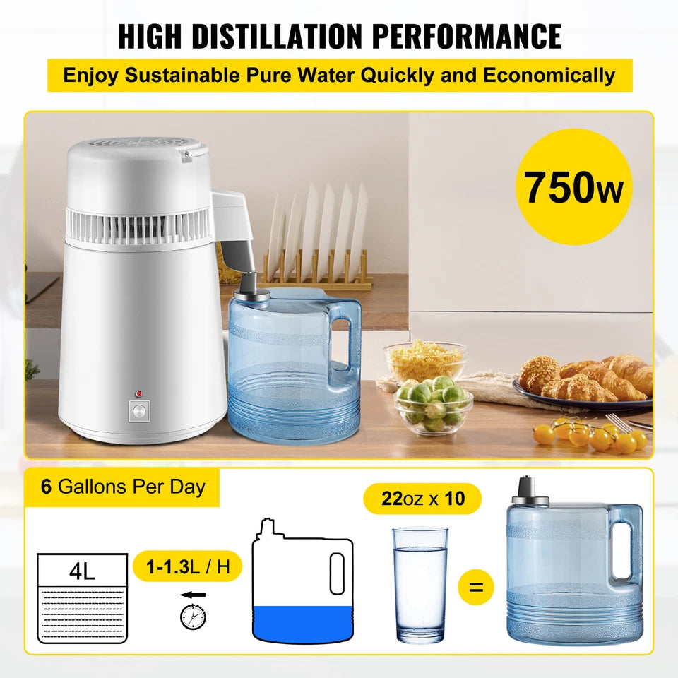 4L Water Distiller 750W Stainless Steel Countertop Pure Water Unit