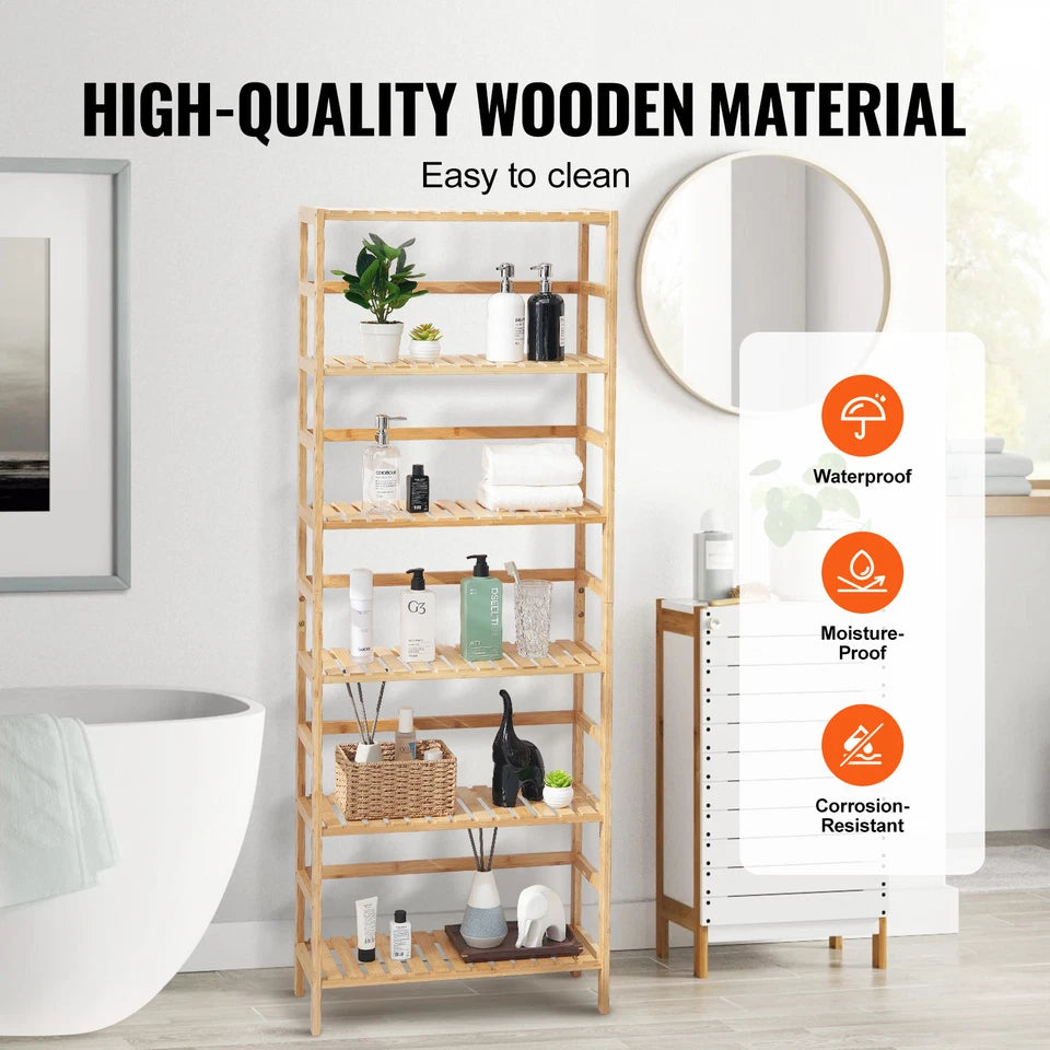 6-Tier Natural Bamboo Ladder Shelf for Books, Plants & Storage Use