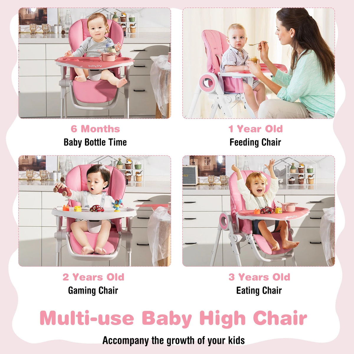 Foldable Baby High Chair with Double Tray, Wheels & Recline Pink
