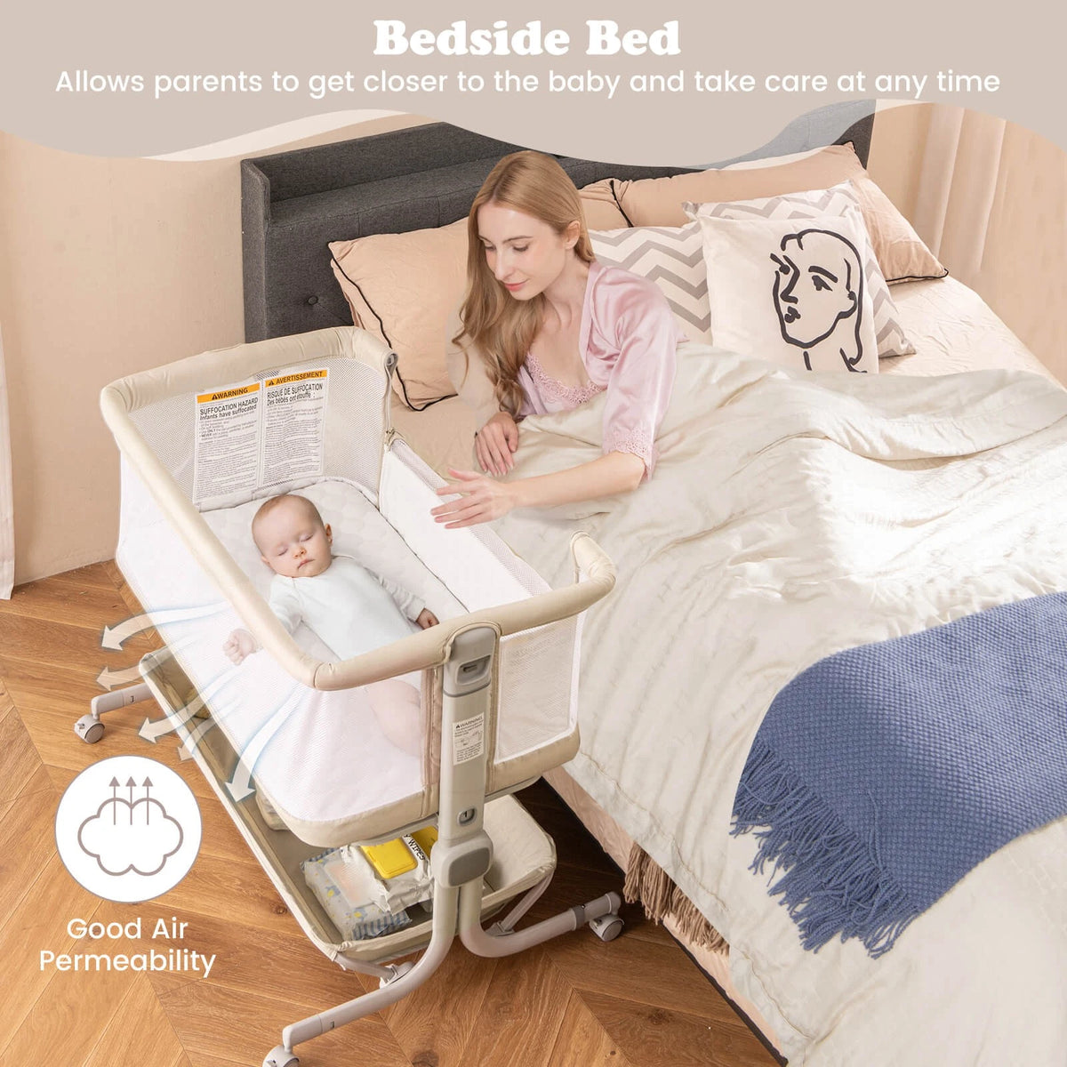 3-in-1 Baby Bassinet with Wheels, Storage & Adjustable Height Beige