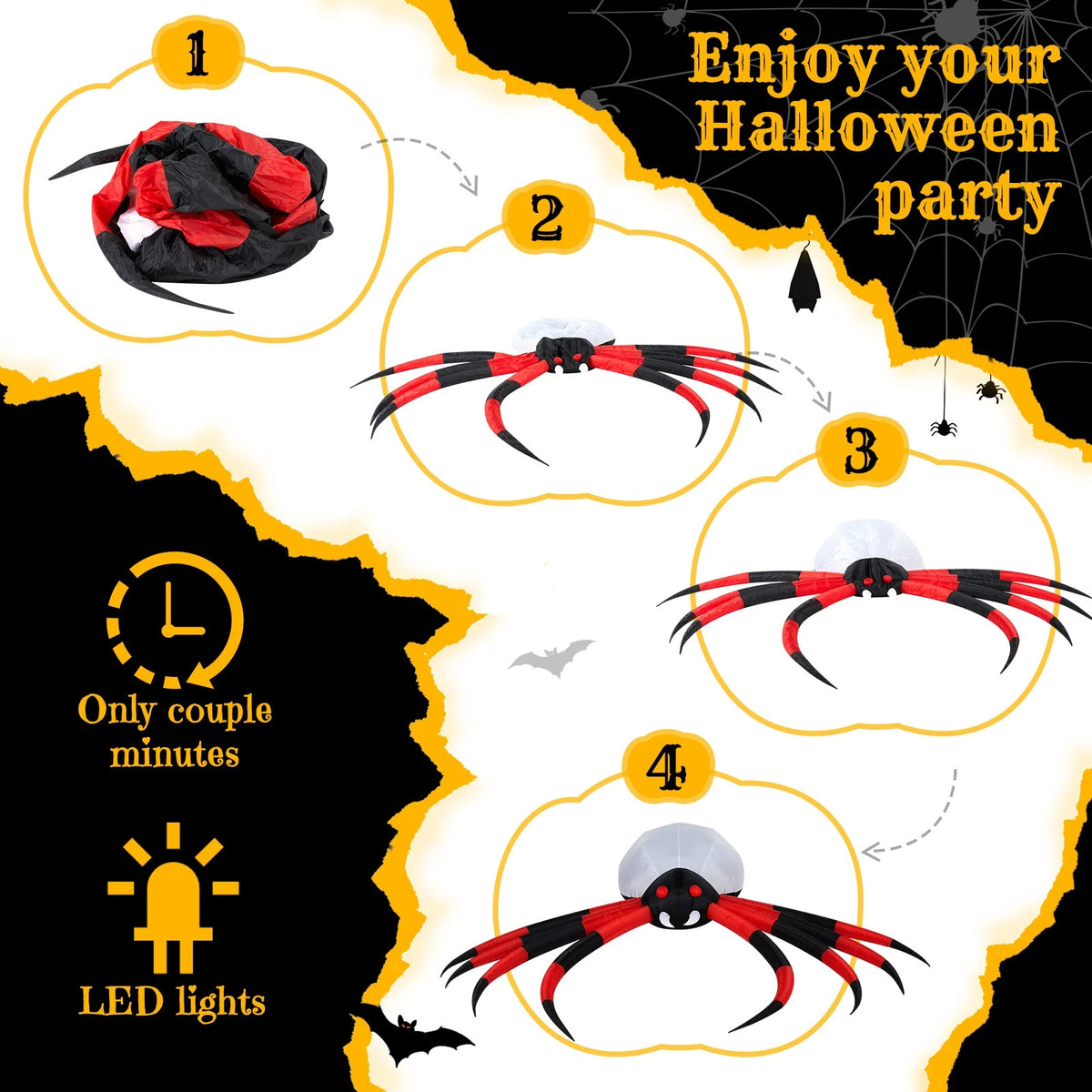 11.8ft Inflatable Halloween Spider with Rotating LED Lights Outdoor Decor