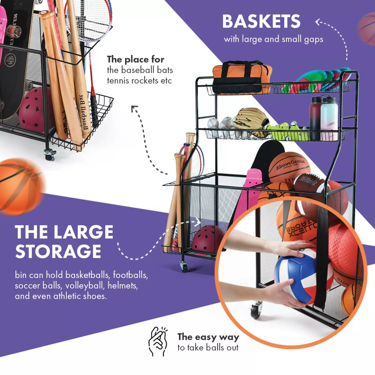 Rolling Sports Rack with Baskets & Ball Storage for Garage or Gym