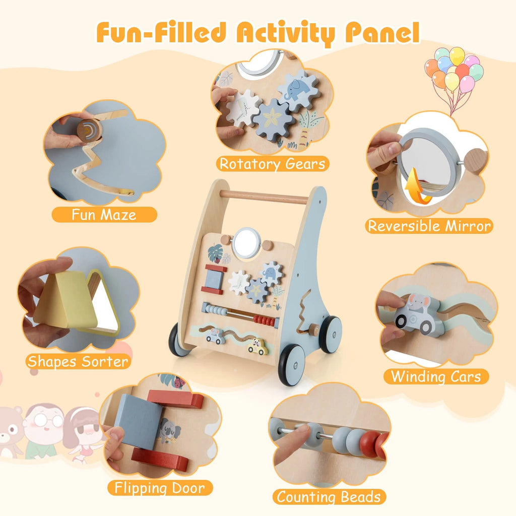 Wooden Baby Push Walker with Multi-Activity Learning Center & Storage