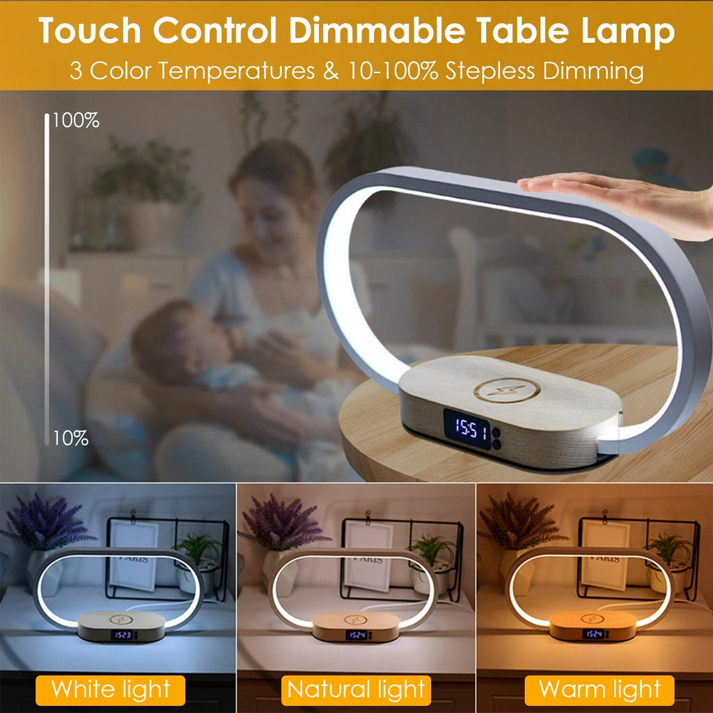 Modern LED Bedside Lamp with Wireless Charger, USB Port & Clock Hub
