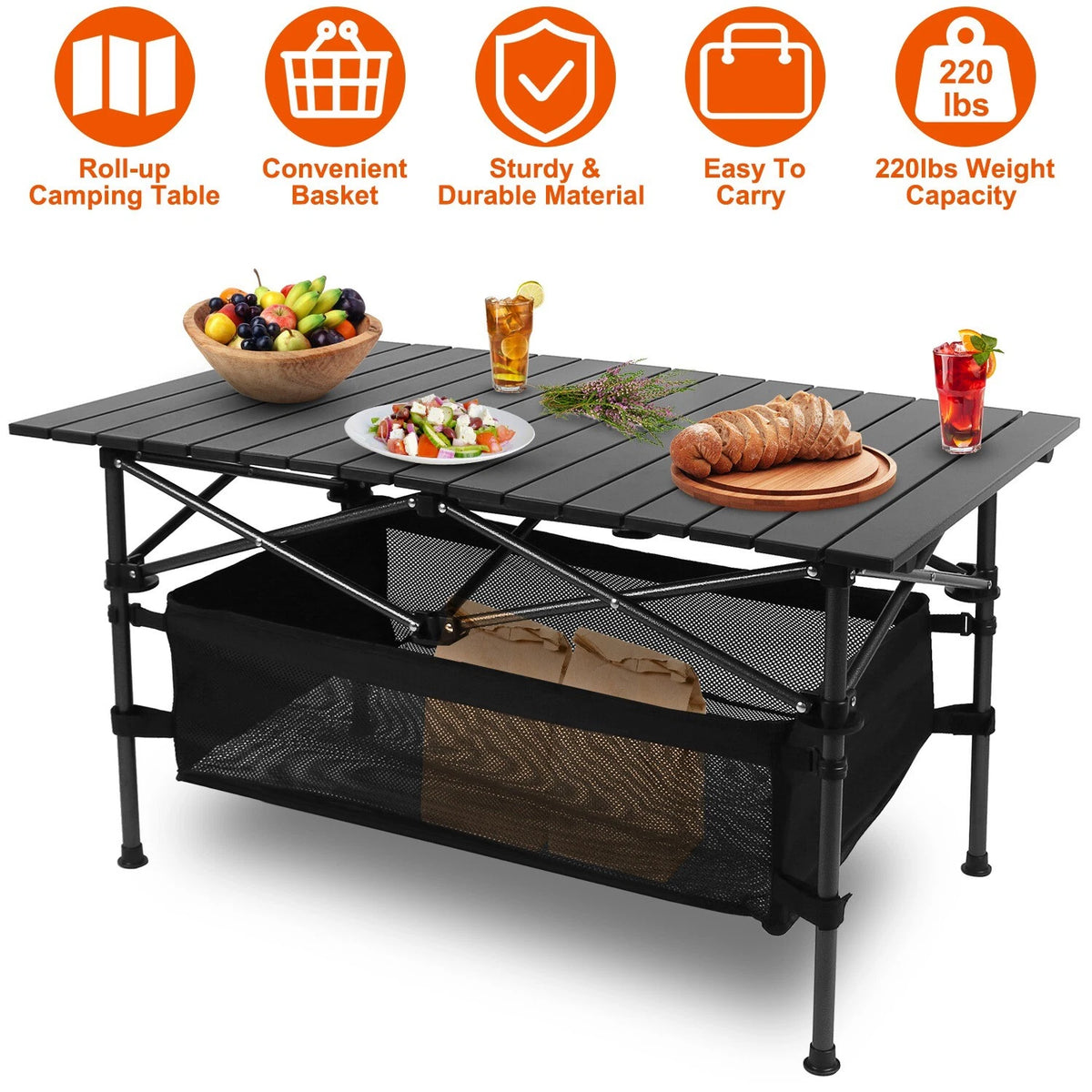 Folding Camping Table with Aluminum Top & Storage Basket Lightweight