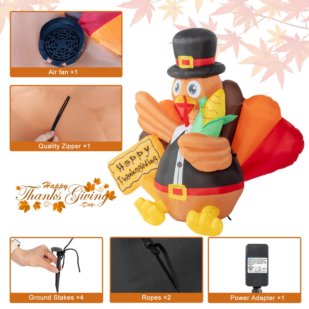 Thanksgiving 5FT Lighted Turkey Inflatable with LED for Yard & Home Décor