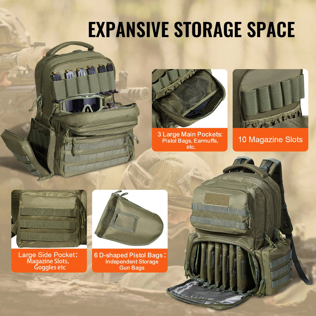 Tactical Range Backpack for 6 Pistols with Molle Panels Green