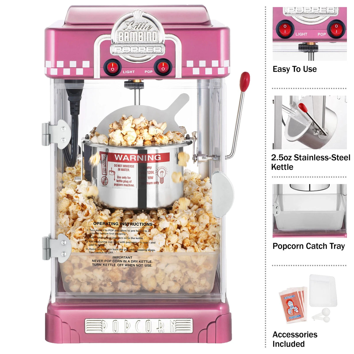 Retro Pink Tabletop Popcorn Maker with Kettle and Accessories