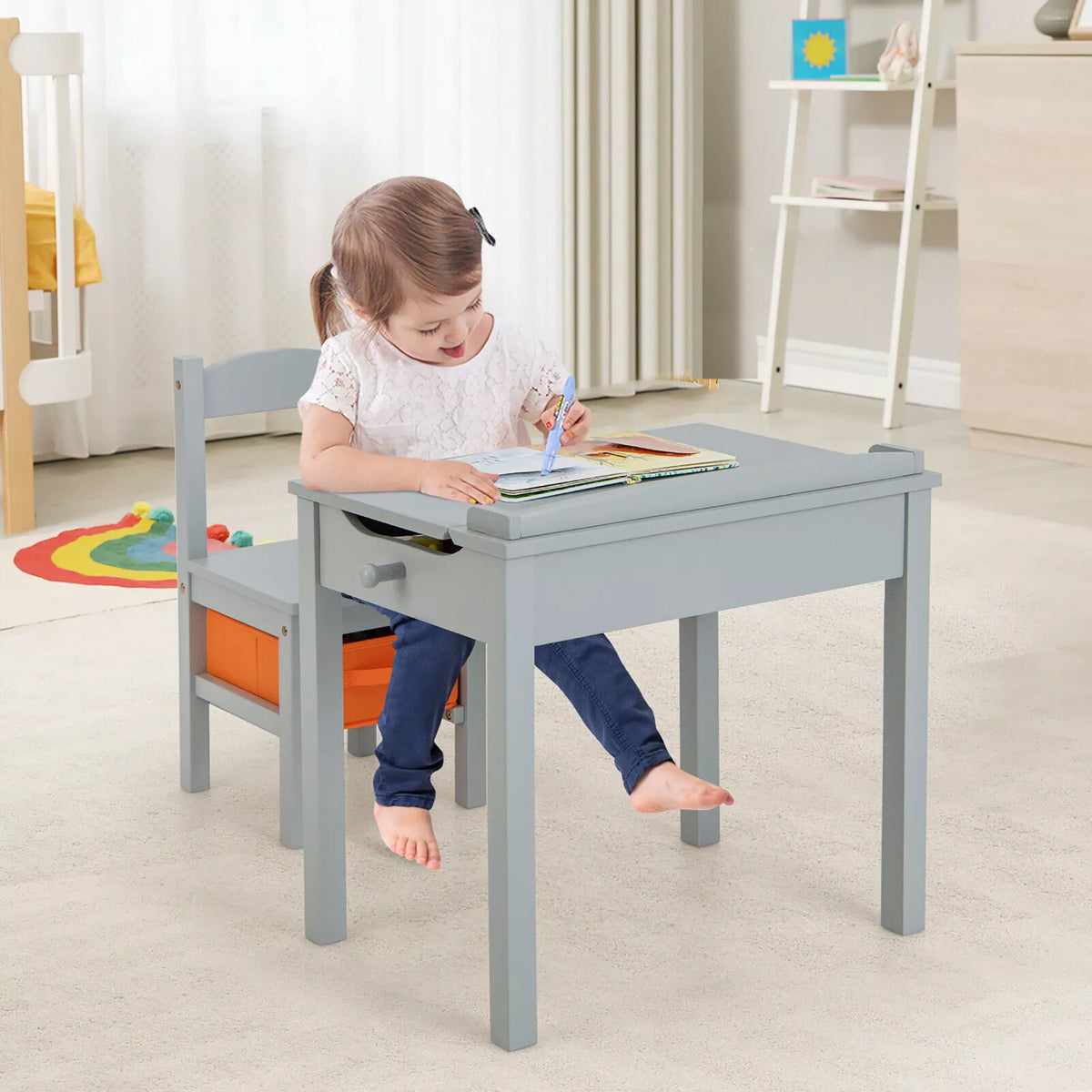 Kids Wooden Table and Chair Set with Flip-Top Desk & Storage