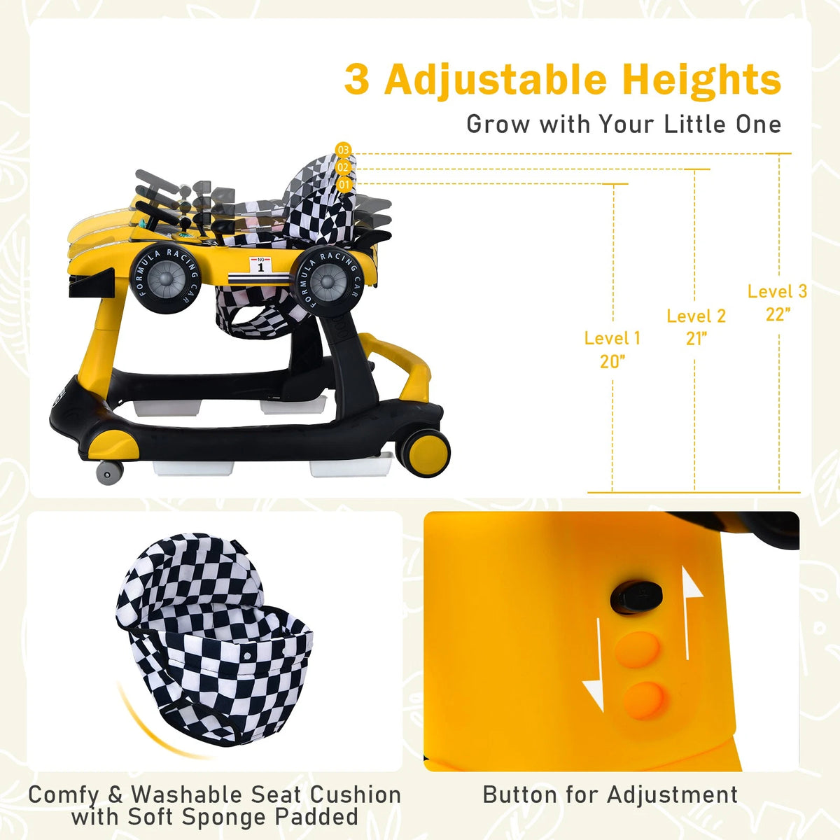 4-in-1 Baby Walker with Adjustable Height Push Car & Activity Modes