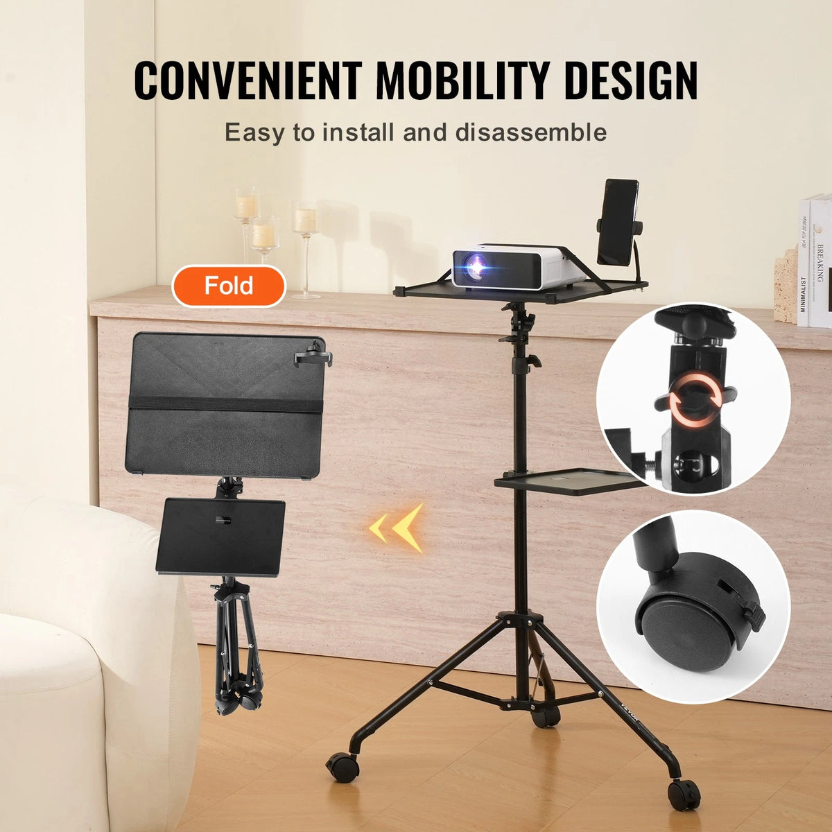 Adjustable Projector Stand with Laptop Tray and Wheels for Easy Mobility