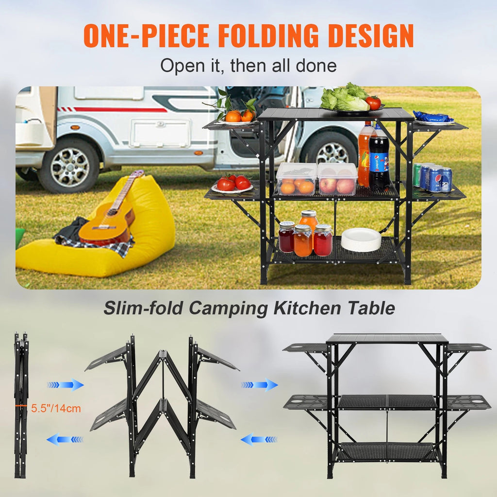 Portable Camping Kitchen Table with 5 Foldable Tables & 2 Storage Shelves