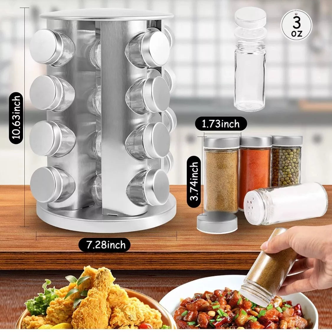 16 Jar Rotating Spice Rack Organizer with Glass Jars and Label Set