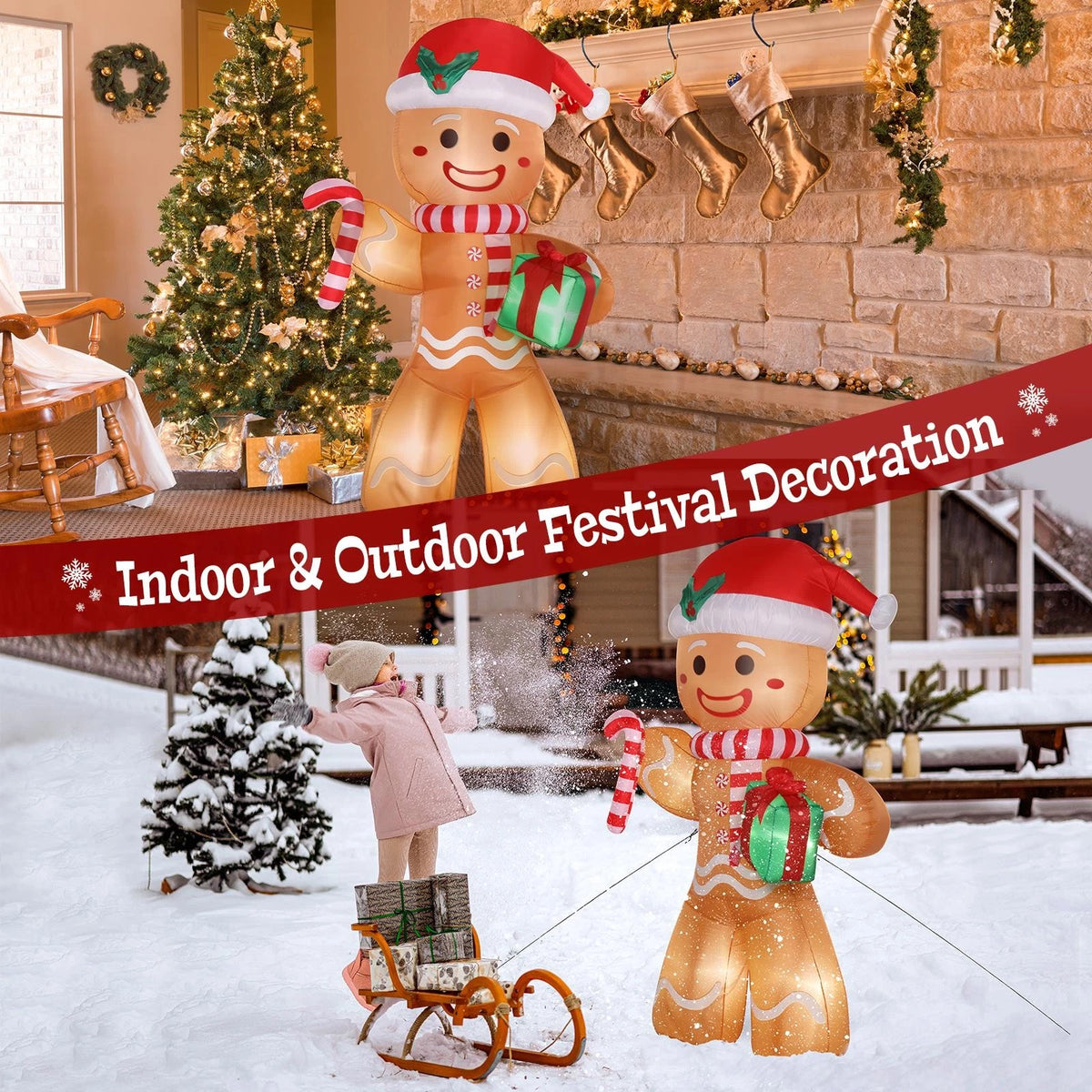 8FT Lighted Gingerbread Man Inflatable with Gift for Outdoor Christmas Decor