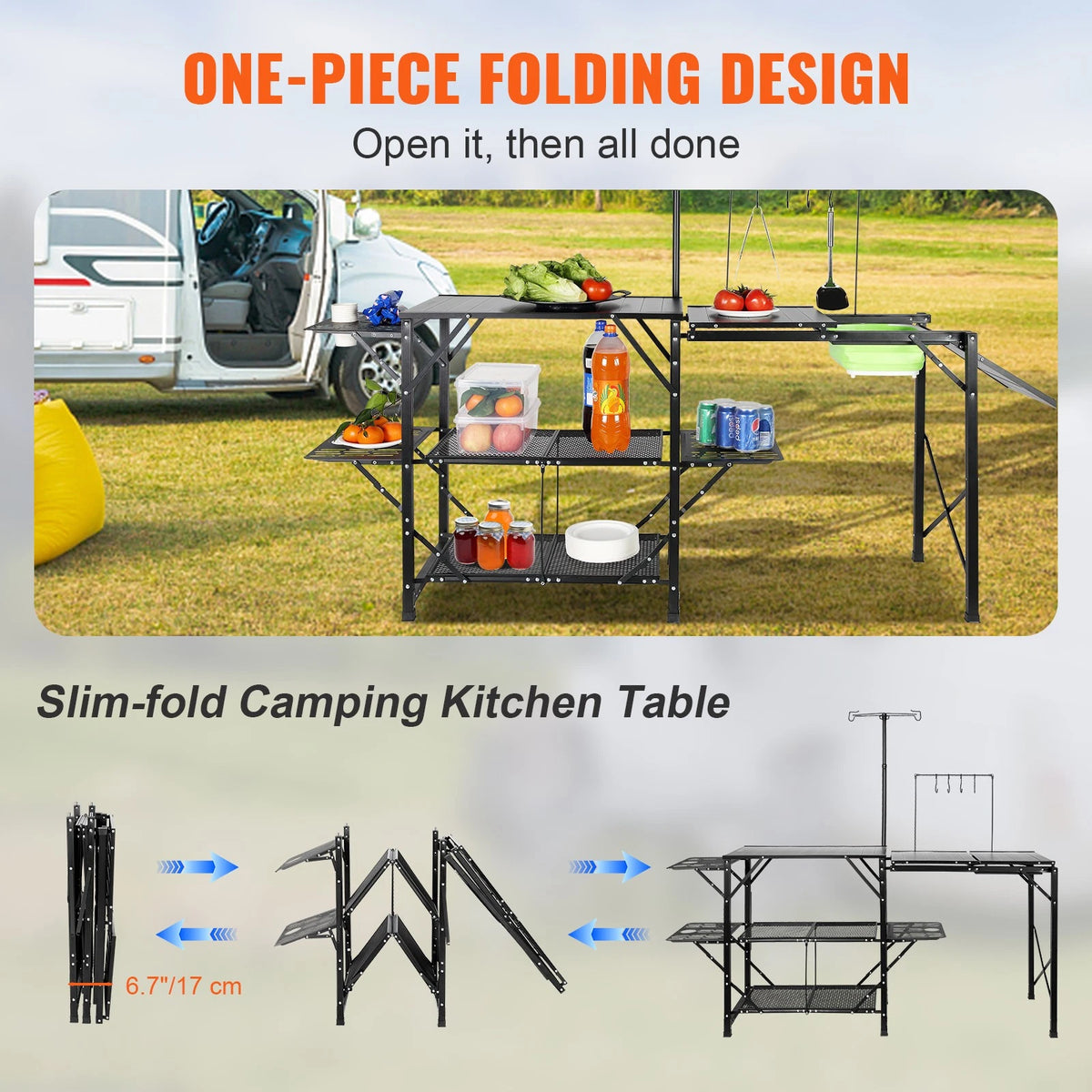 Camping Kitchen Table with Sink, Foldable Shelves & Aluminum Frame