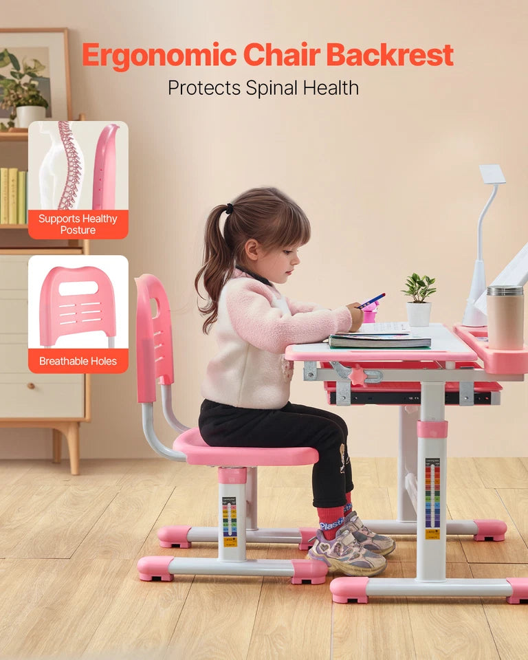 Pink Kids Desk and Chair Set with Adjustable Height and Tilted Desktop