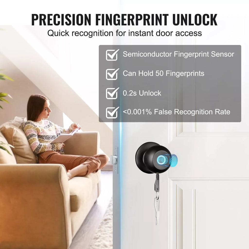 Keyless Smart Door Knob with Fingerprint, Bluetooth App, and Auto Lock