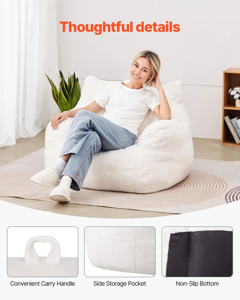 3-Foot Memory Foam Bean Bag Chair with Armrests and Side Pocket White