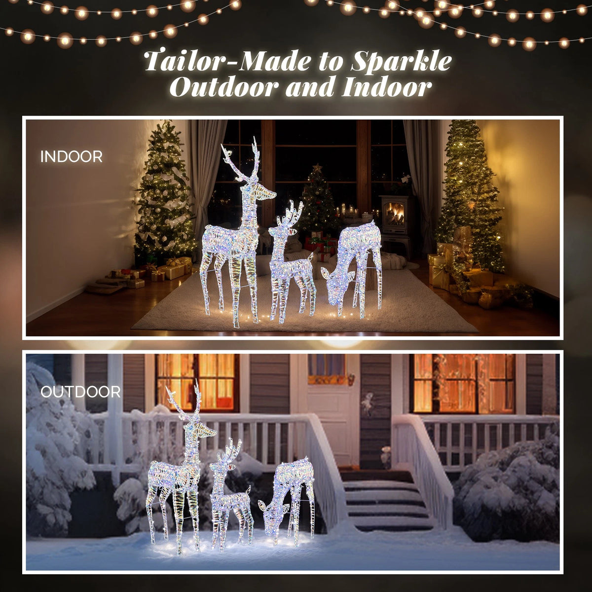 Lighted Iridescent 3-Piece Reindeer Family Set for Indoor Outdoor Christmas