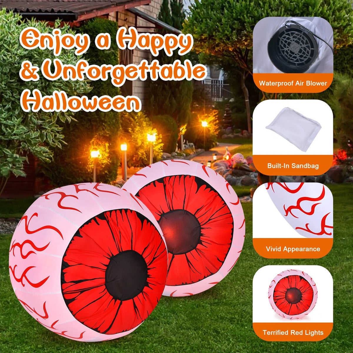 2 Pack 3FT Halloween Inflatable Eyeballs with Red LED Lights & Blower