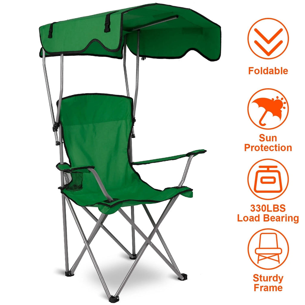 Camping Chair with Sun Shade Canopy & Cup Holder 330lb Portable
