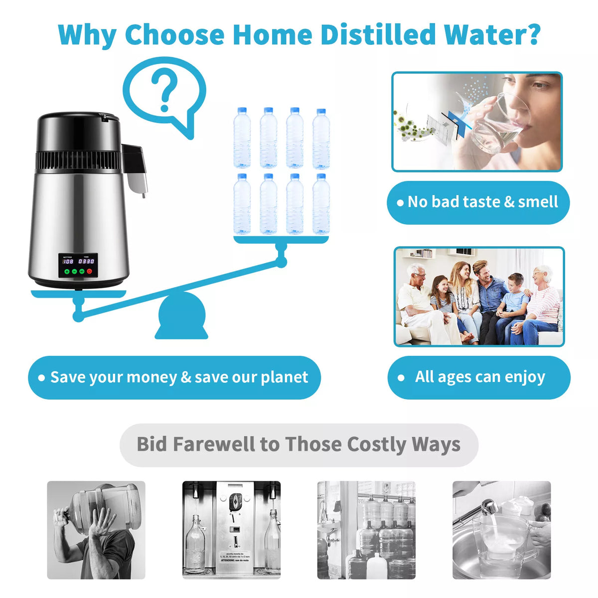 4L Home Water Distiller with Timer Temp Display & Glass Container