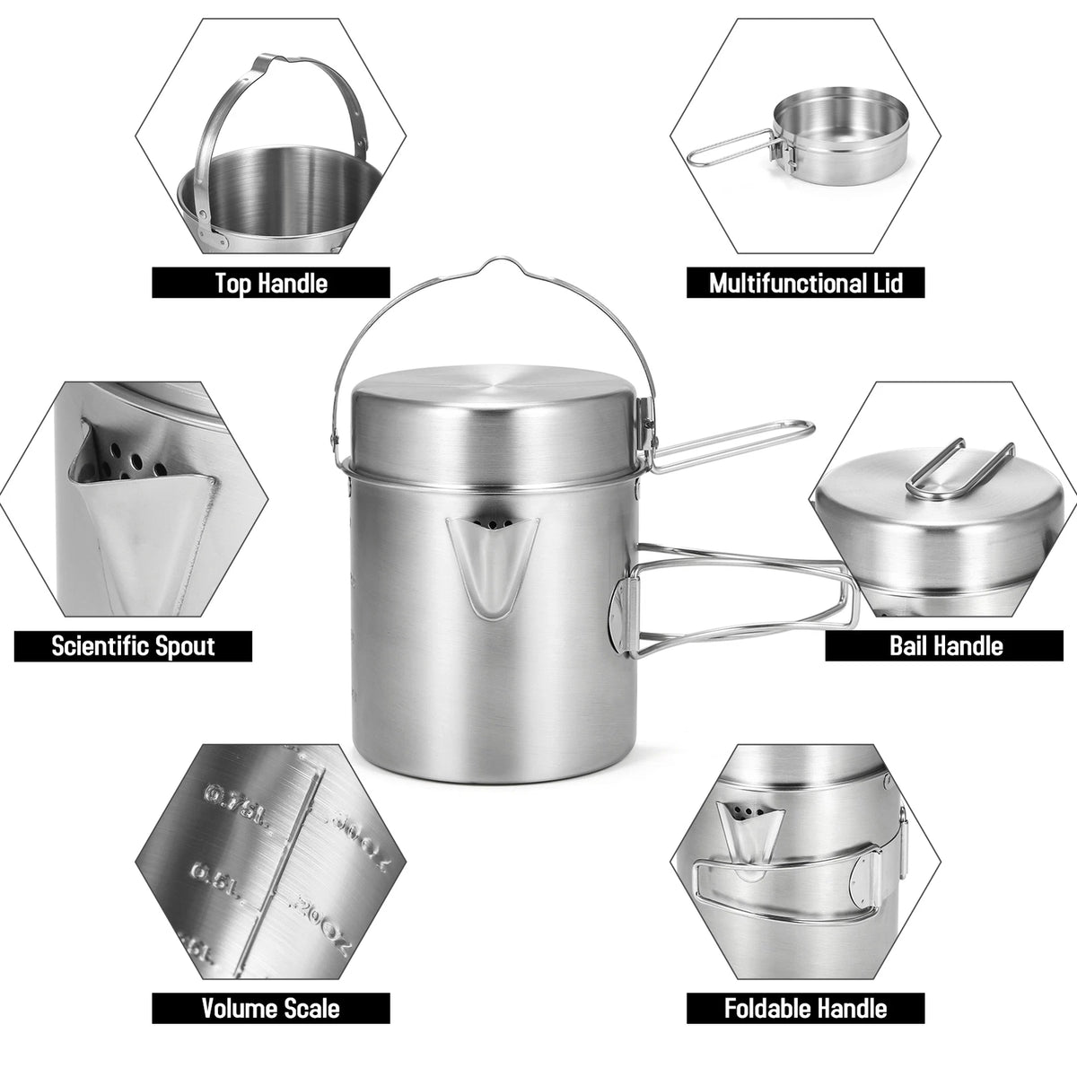 1L Stainless Steel Camping Pot with Lid, Spout & Foldable Handle