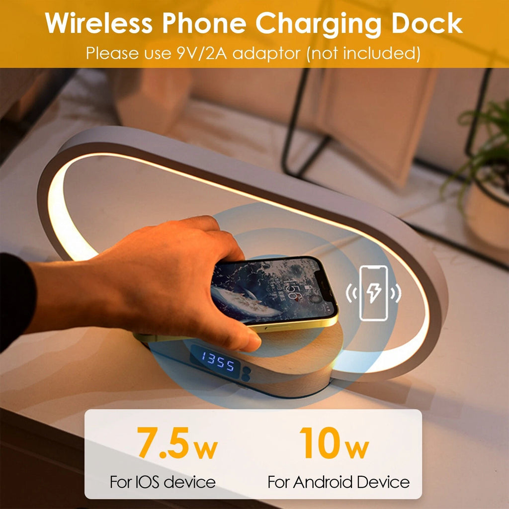 Modern LED Bedside Lamp with Wireless Charger, USB Port & Clock Hub