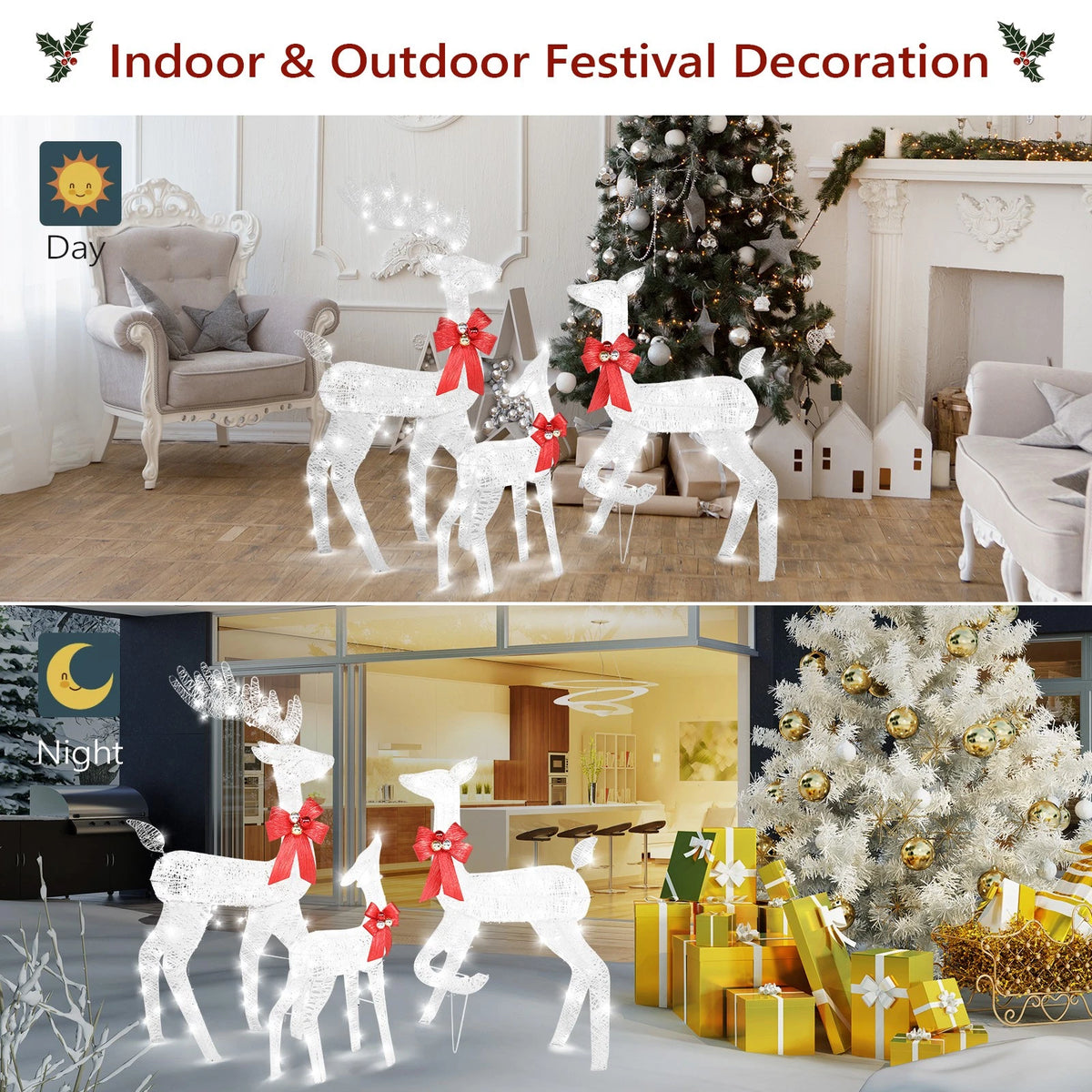 Lighted White Reindeer Family Set for Outdoor & Indoor Christmas Display