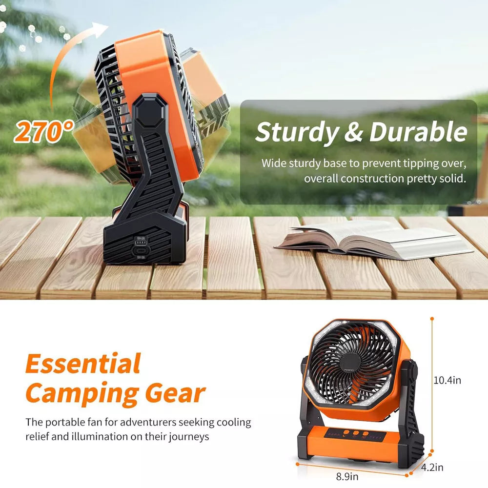 22000mAh Portable Camping Fan with LED Light Hook & USB Charging
