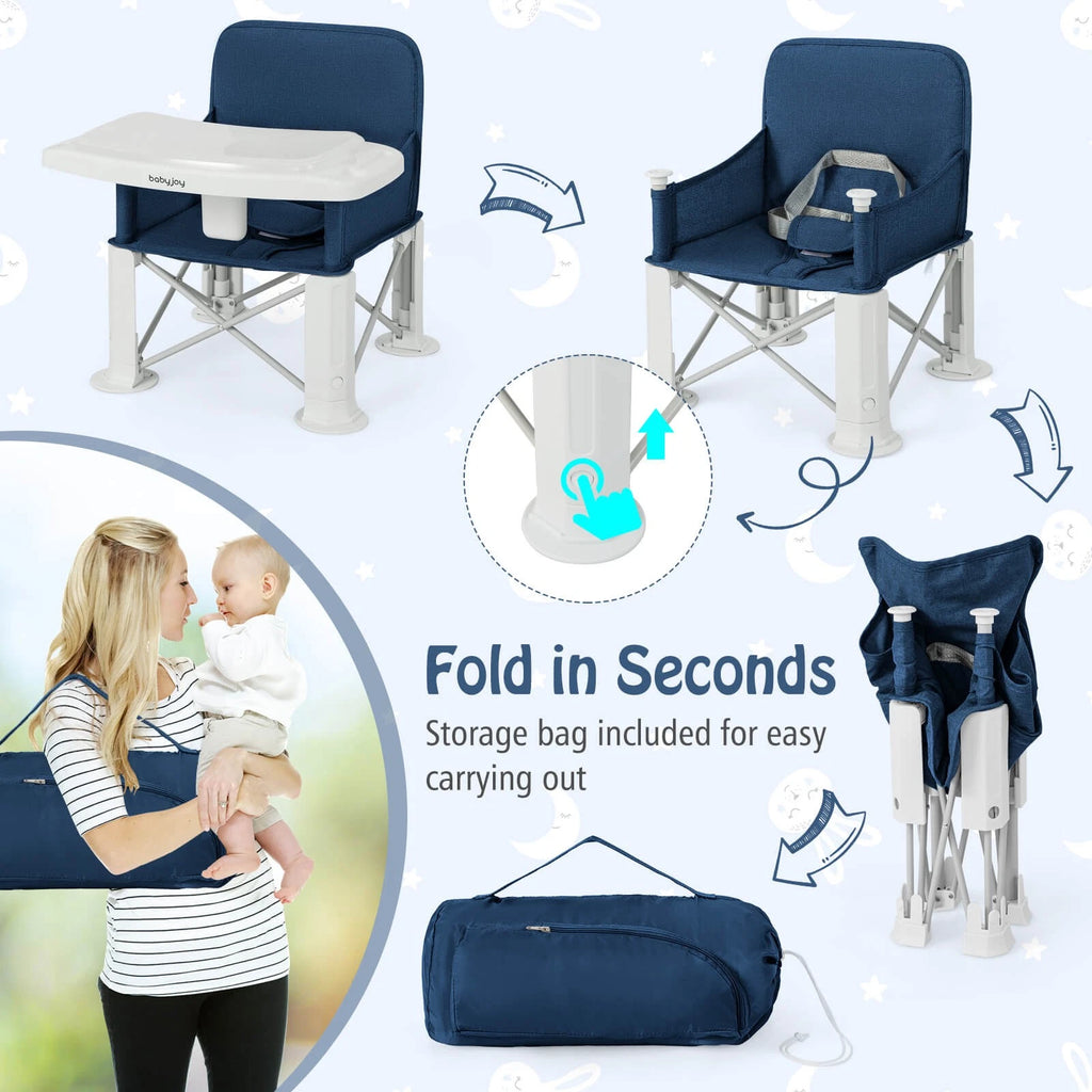 Folding Toddler Travel Booster Seat with Double Tray and Bag Blue