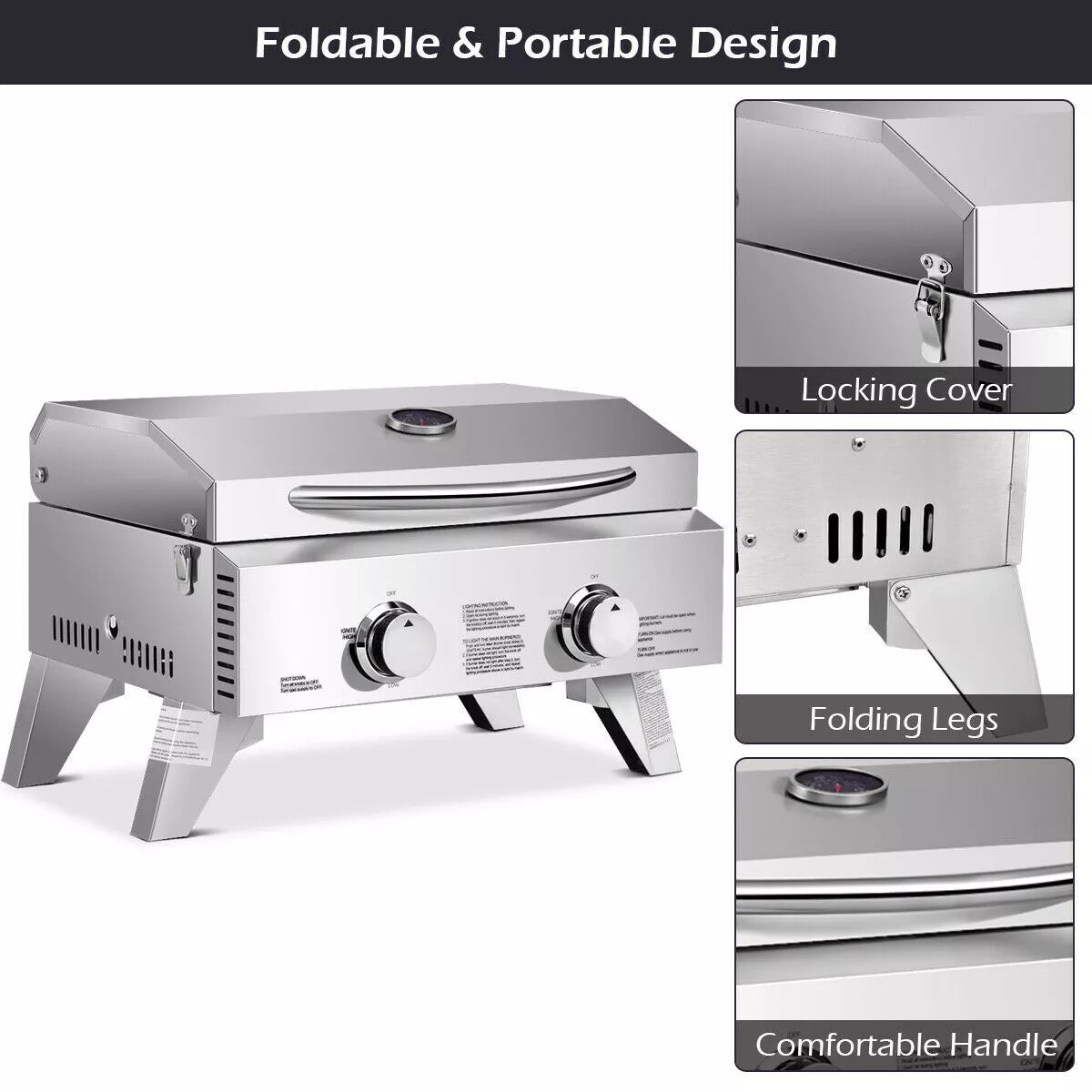 2-Burner Propane Gas Grill Stainless Steel Tabletop 20,000 BTUs