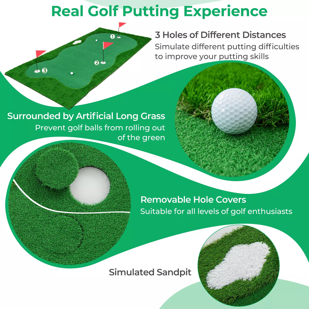 10x5 FT Golf Putting Green Mat with 3 Holes and Complete Accessories