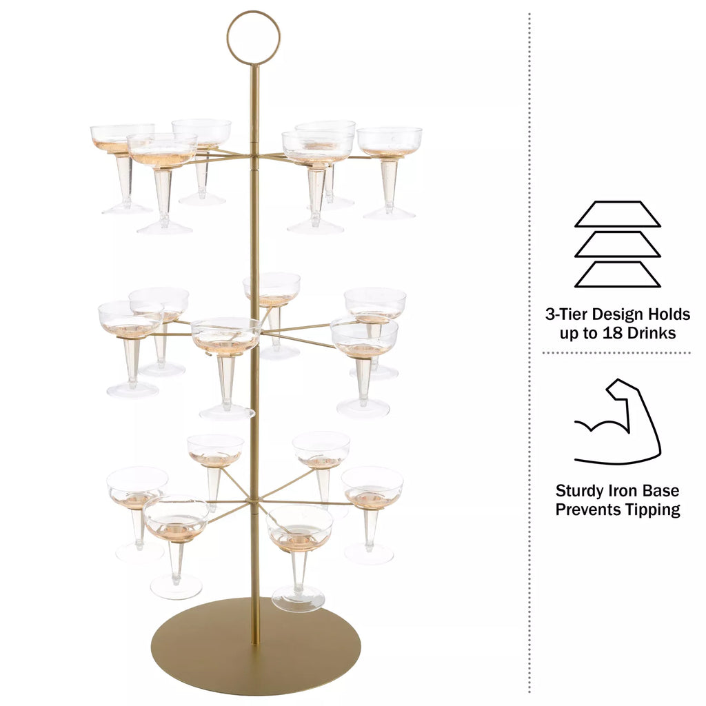 Gold 3-Tier Cocktail Tree Stand for 18 Stemware Glasses