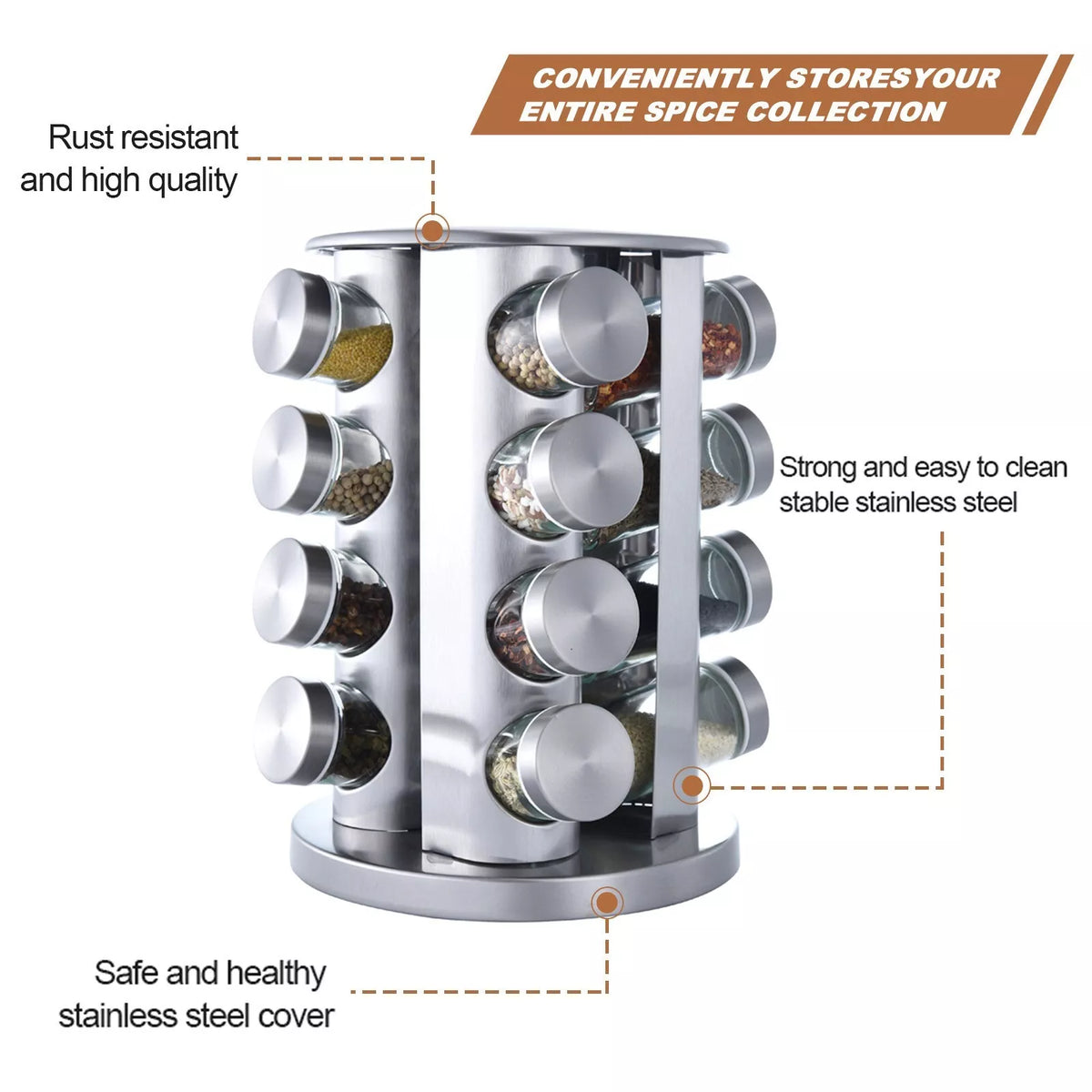 16 Jar Rotating Spice Rack Organizer with Glass Jars and Label Set