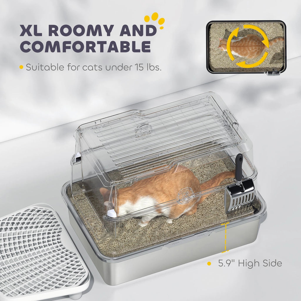 XL Stainless Steel Enclosed Cat Litter Box with Lid and Odor Control