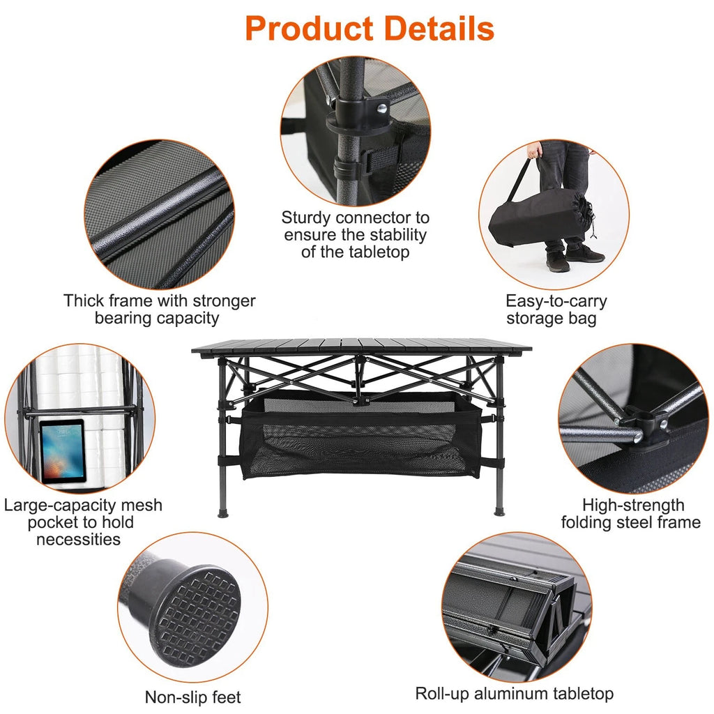 Folding Camping Table with Aluminum Top & Storage Basket Lightweight