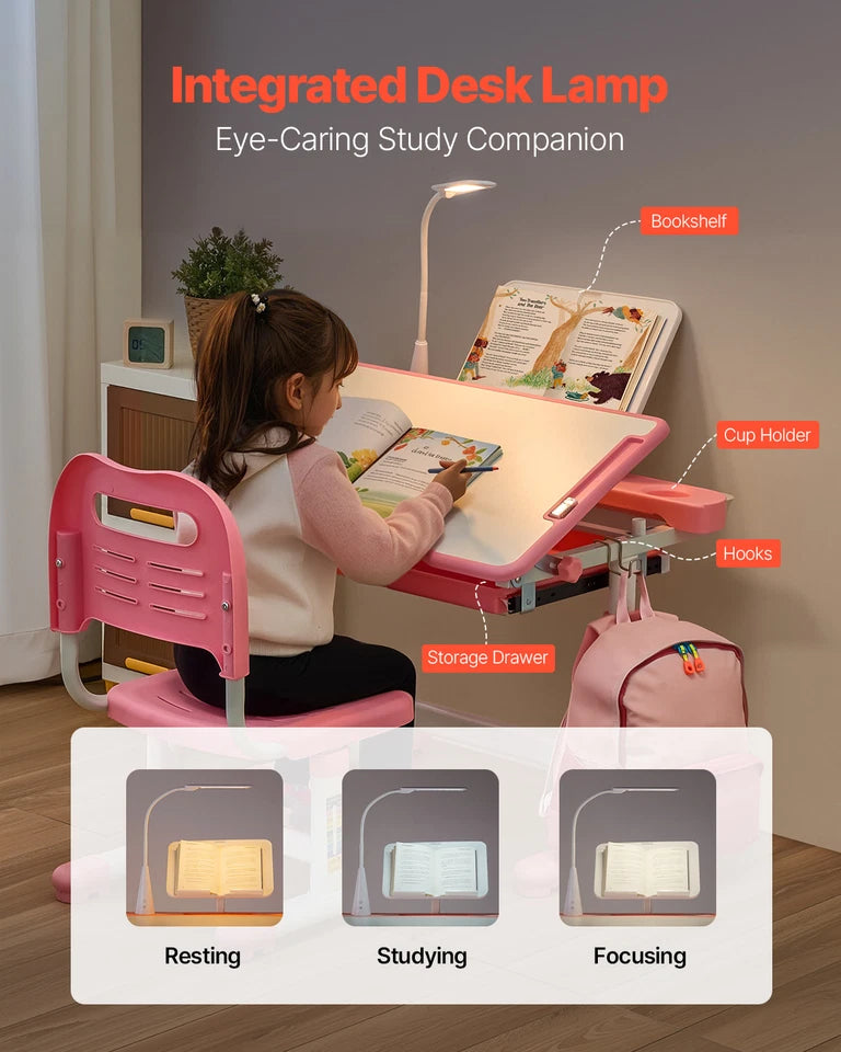 Pink Kids Desk and Chair Set with Adjustable Height and Tilted Desktop