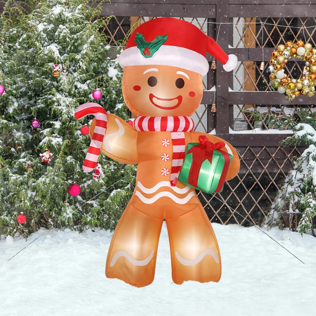 8FT Lighted Gingerbread Man Inflatable with Gift for Outdoor Christmas Decor