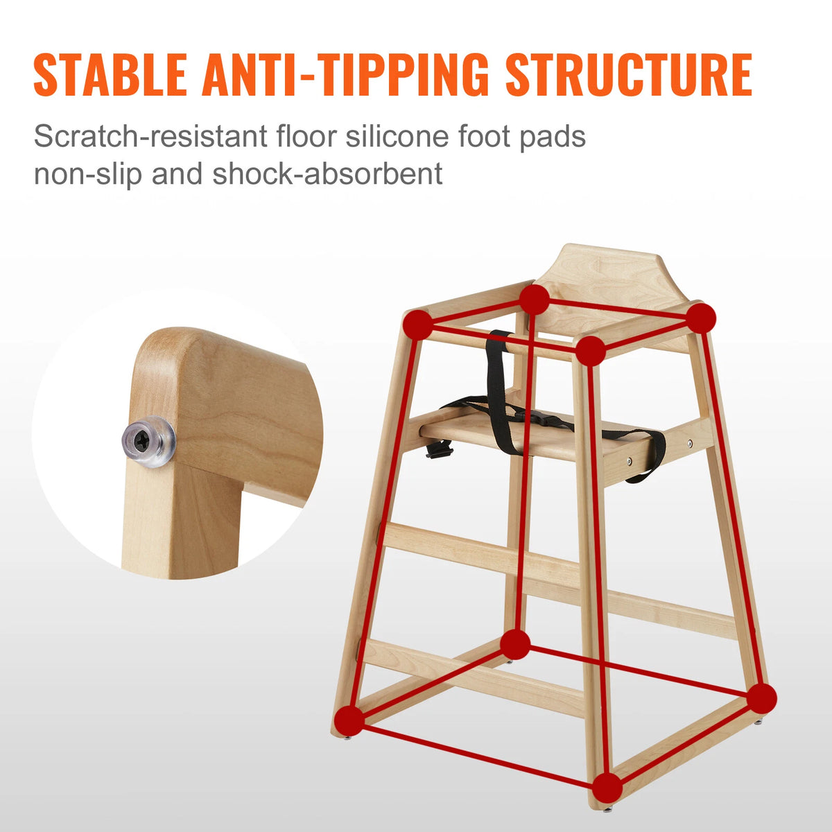 Birch Wood Baby High Chair with Harness and Anti-Slip Foot Pads