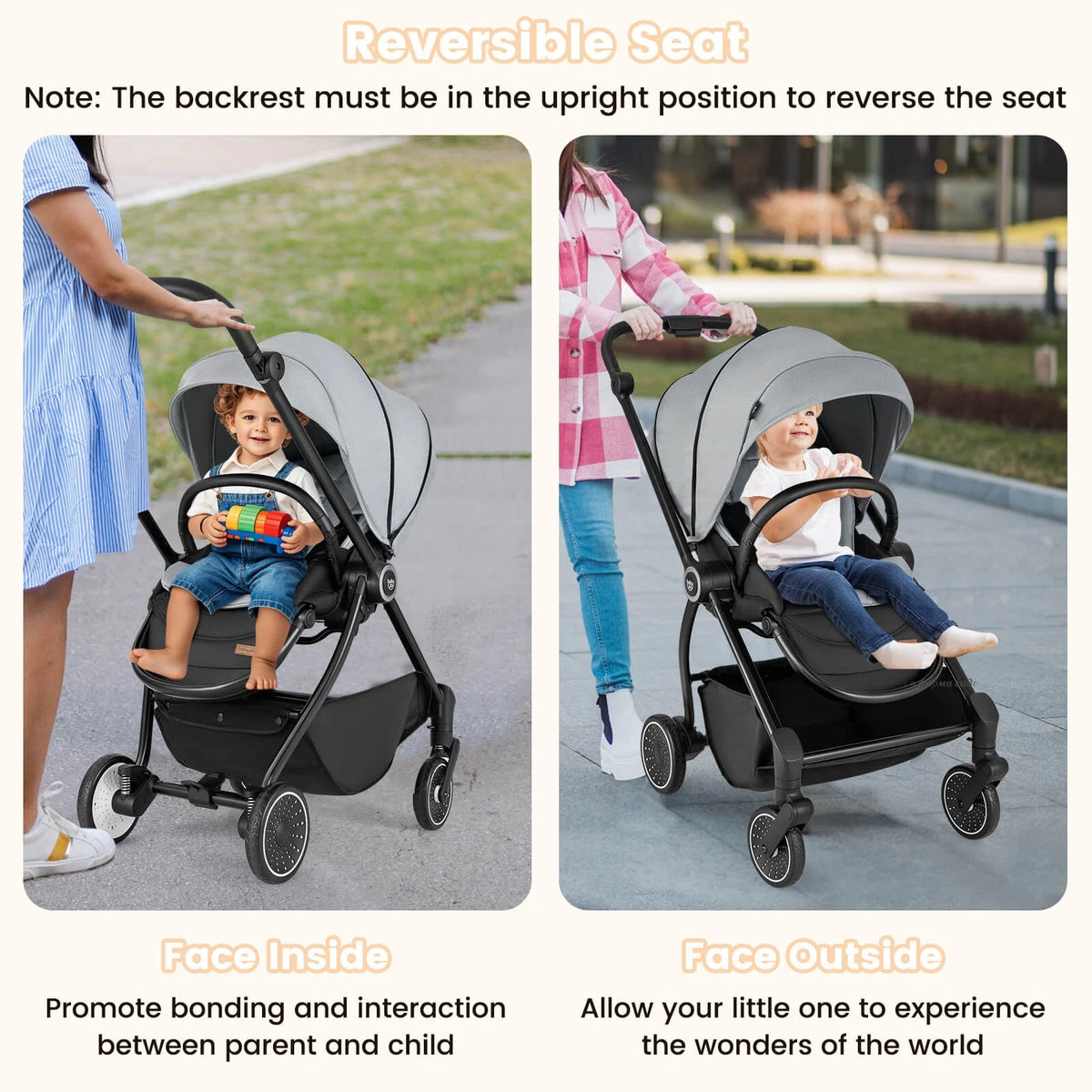 Foldable Baby Stroller with Reclining Backrest & Adjustable Handle