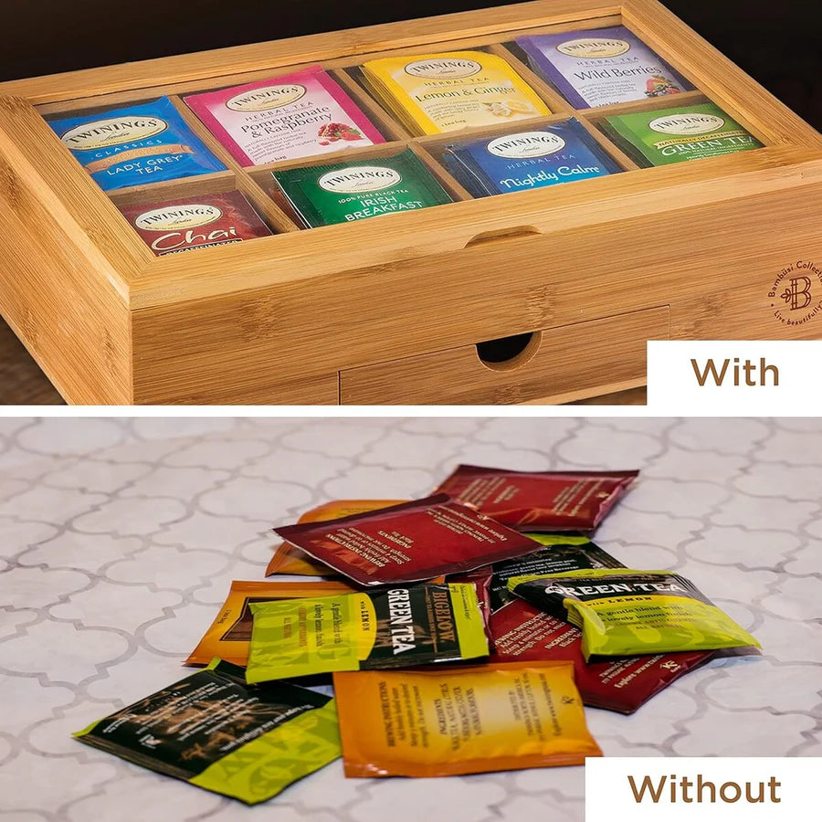 Bamboo Tea Bag Organizer 8 Compartments Clear Lid Magnetic Closure