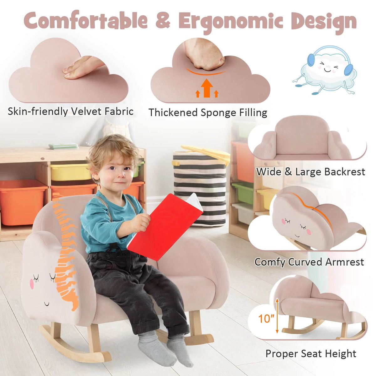Toddler Rocking Chair with Wood Base and Armrests Pink Velvet