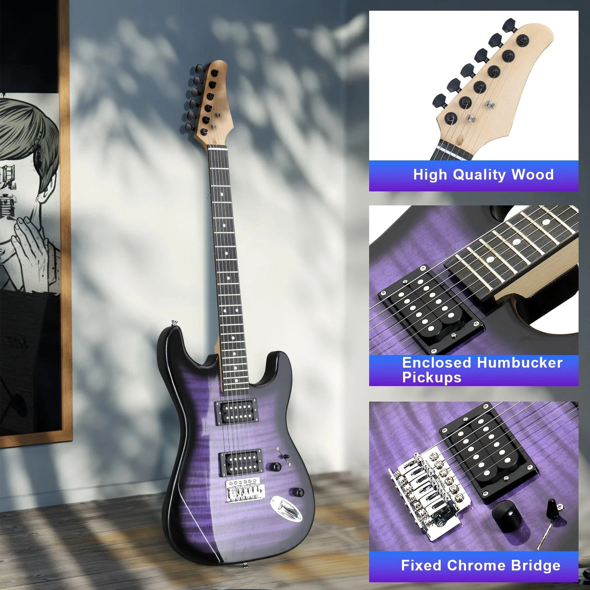 39" Purple Electric Guitar Kit with 20W Amp, Bag, Strap and Accessories